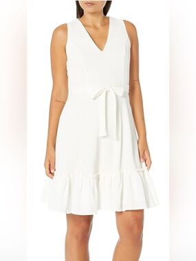 Tommy Hilfiger White Sleeveless V-Neck Ruffle Hem Dress